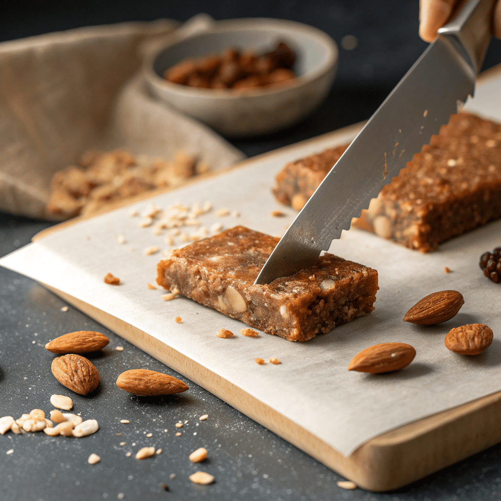 sharp knife slicing cleanly through a chilled date almond energy bar