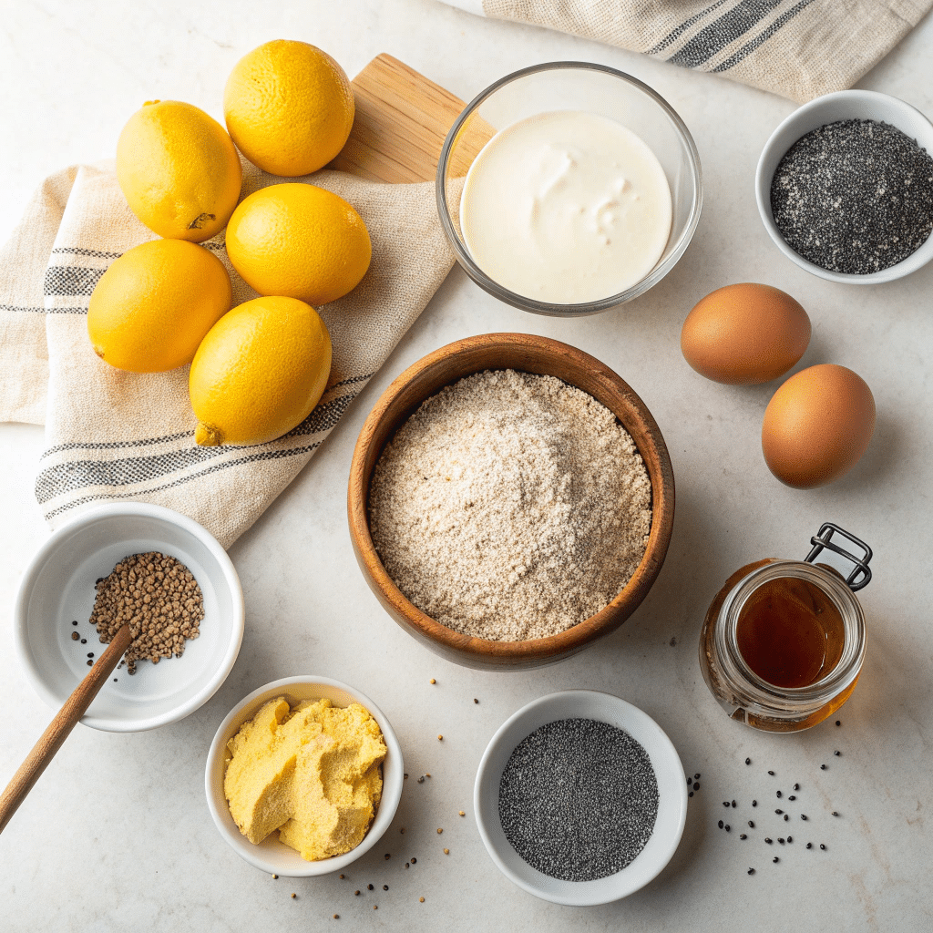 baking ingredients for a gluten-free lemon poppy seed loaf