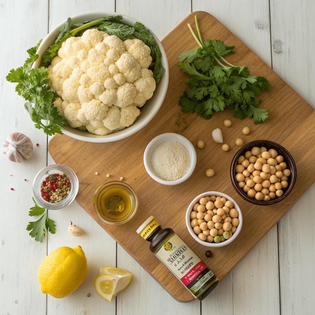 raw ingredients for roasted cauliflower tahini salad