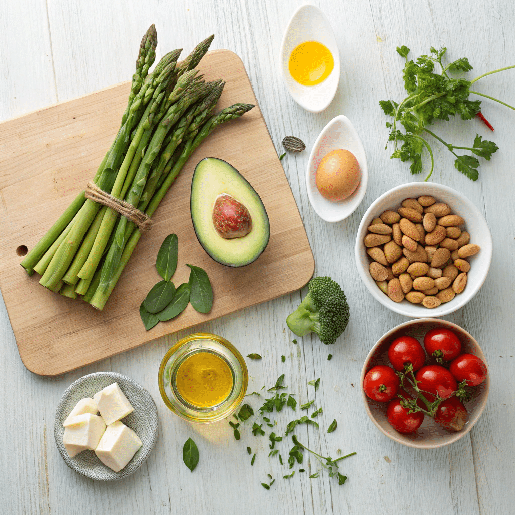 all the ingredients for asparagus avocado egg salad