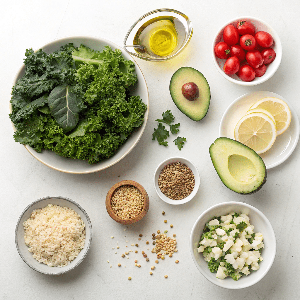 raw ingredients for avocado kale quinoa salad