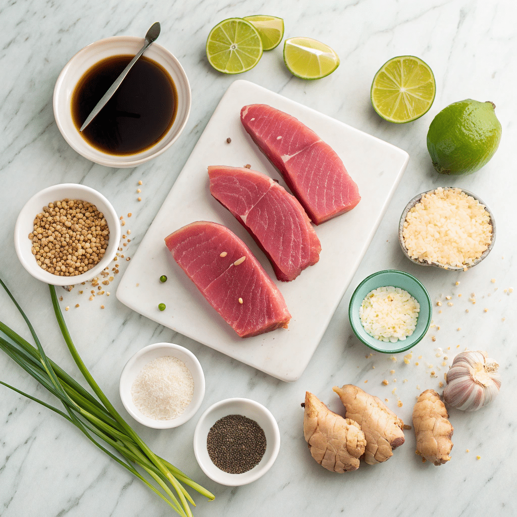 fresh ingredients for seared tuna with sesame crust