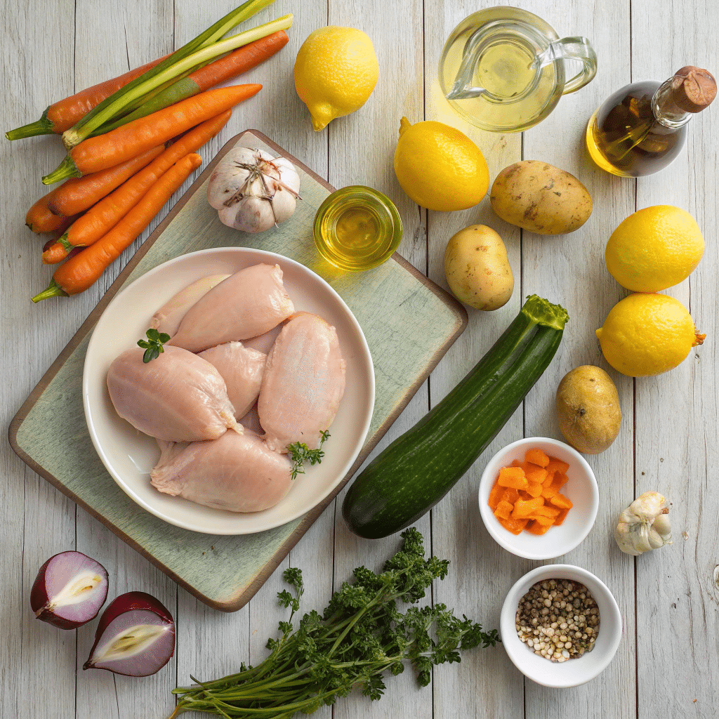 fresh raw ingredients for lemon garlic chicken with roasted veggies