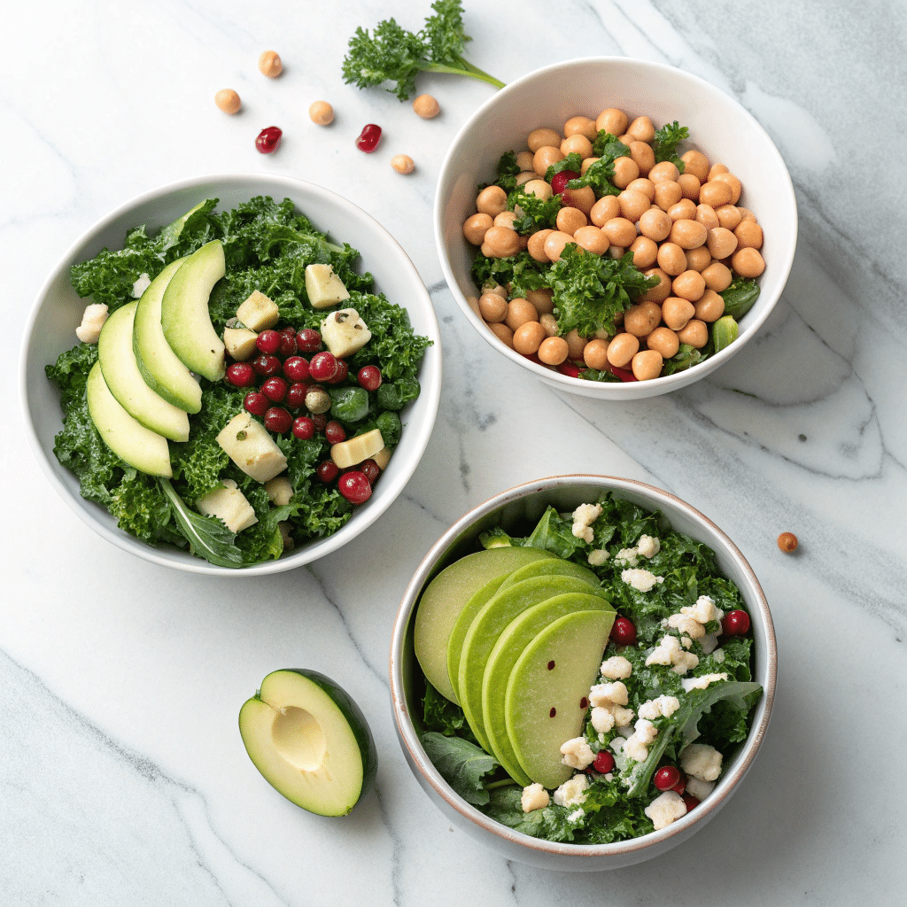 three small bowls with different salad variations