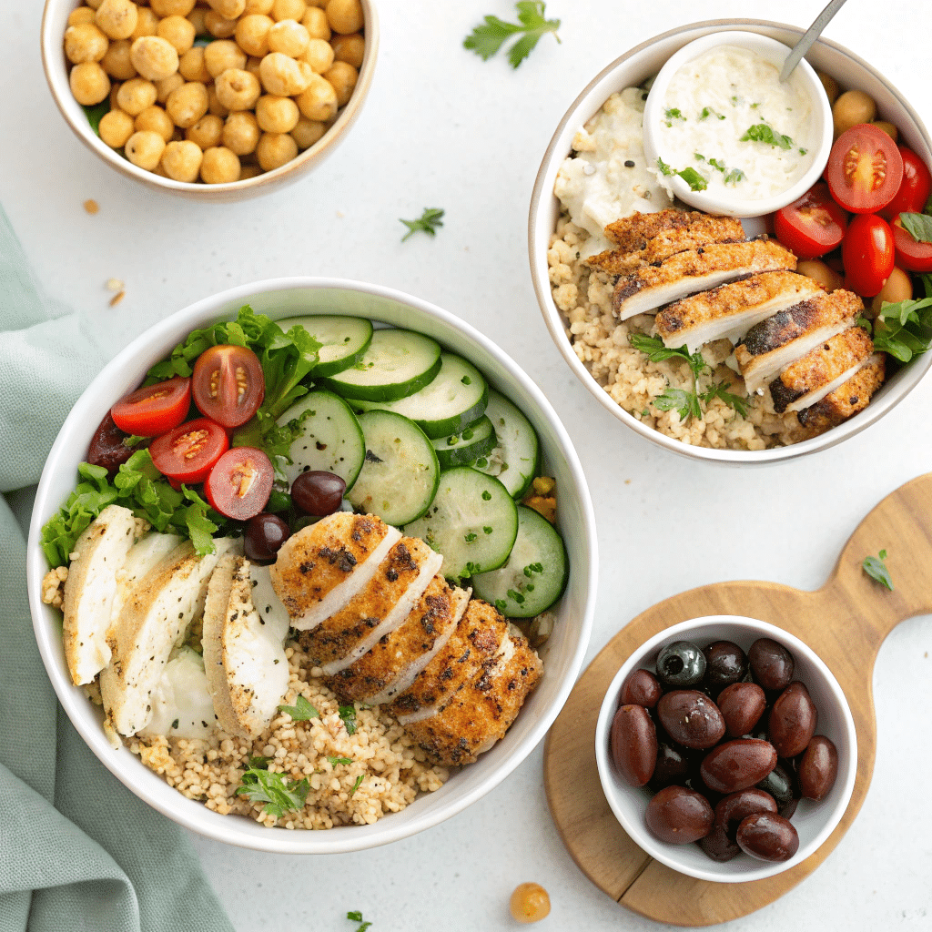3 bowls of quinoa Mediterranean salad