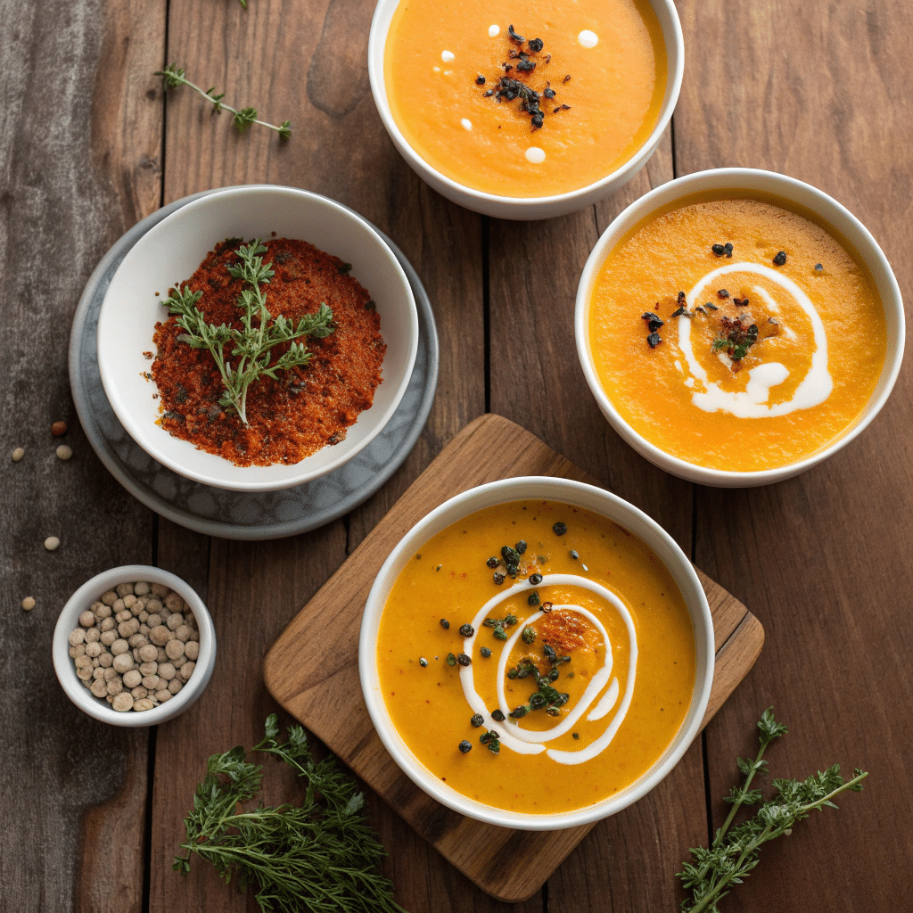 Four small bowls of pumpkin soup