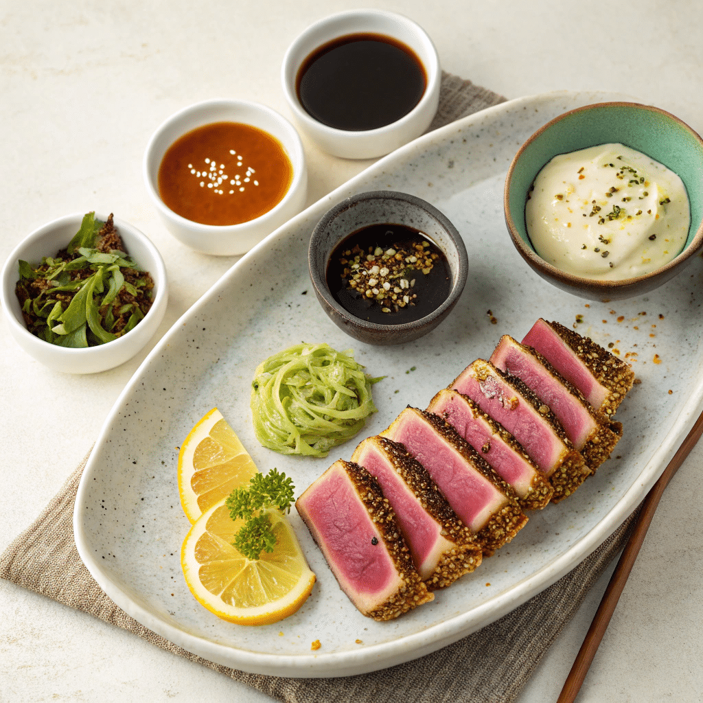 Four small dipping bowls with sauces