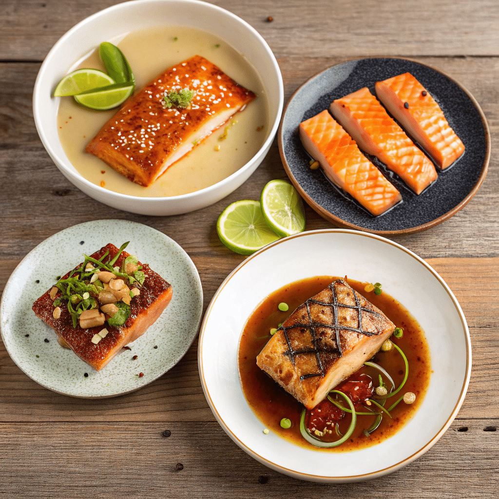 Four small plates arranged on a wooden table
