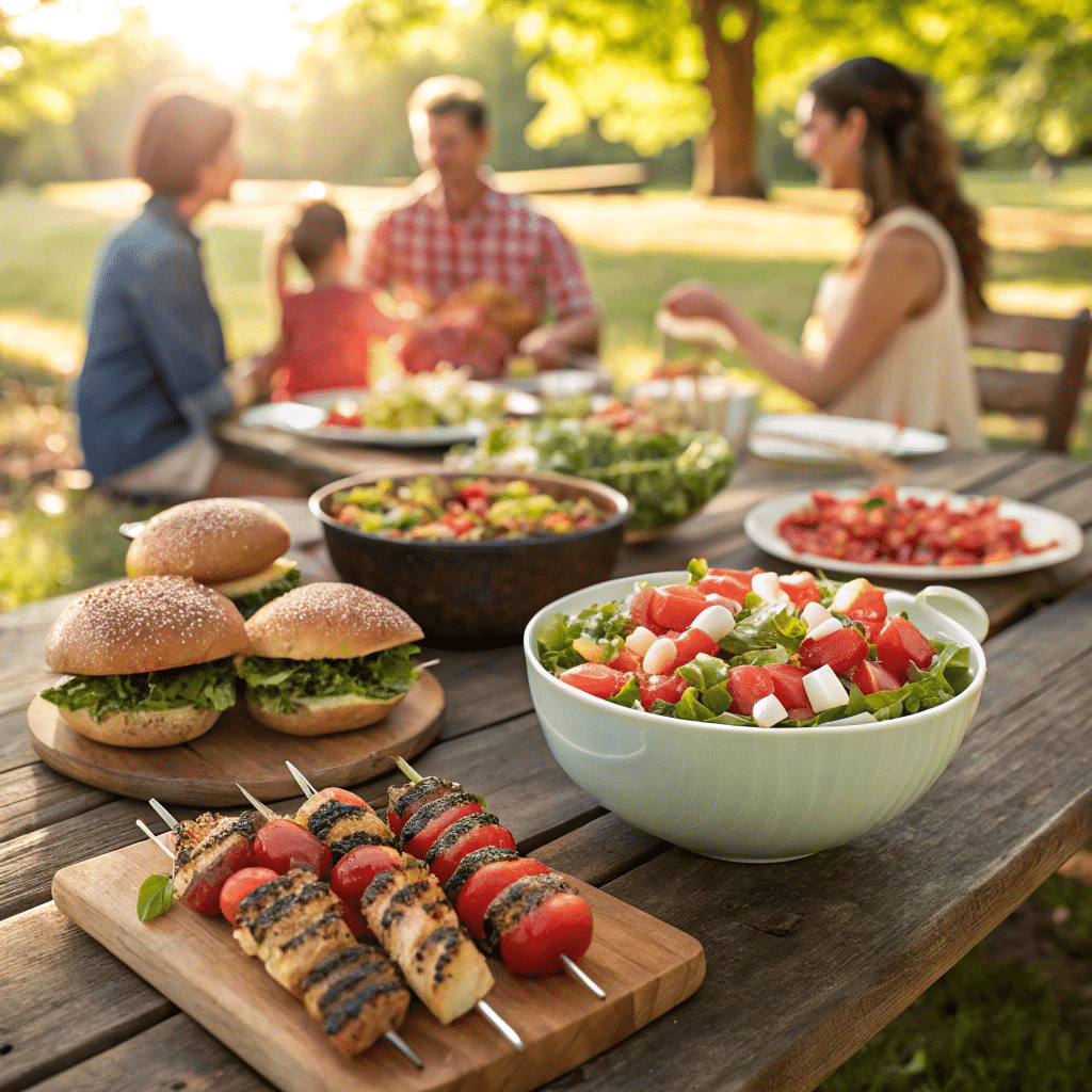 Outdoor summer picnic table scene with grilled chicken