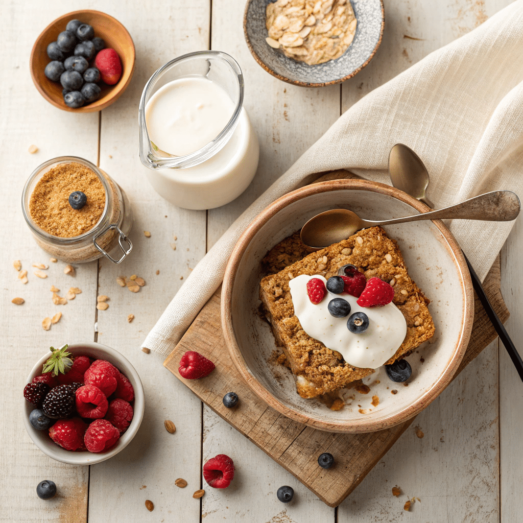 baked oatmeal square in a bowl with milk poured over