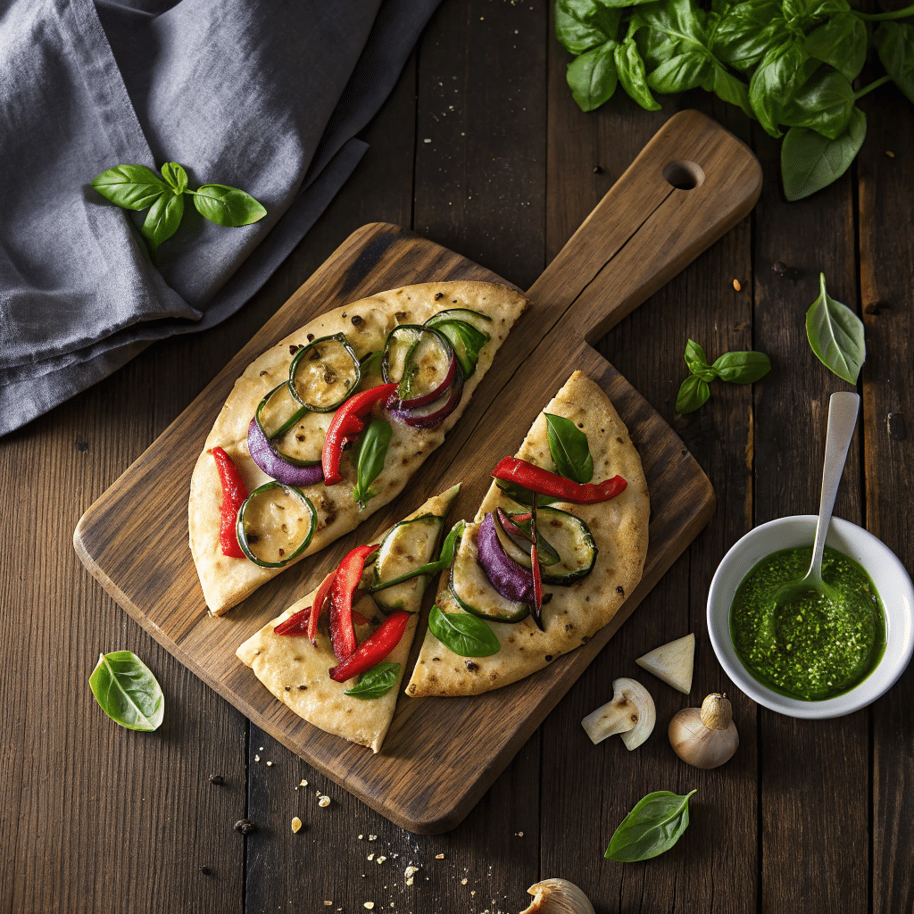 sliced grilled veggie and pesto flatbread