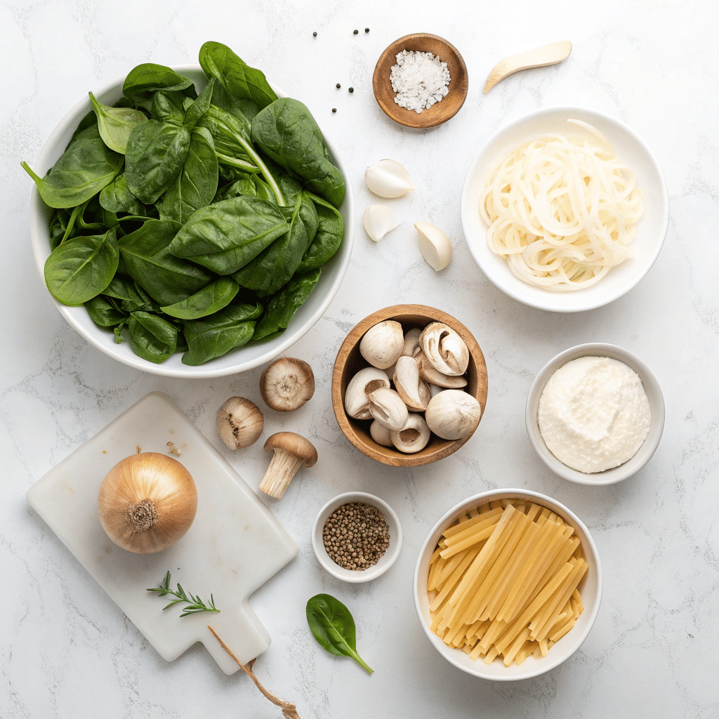 fresh ingredients for mushroom spinach pasta