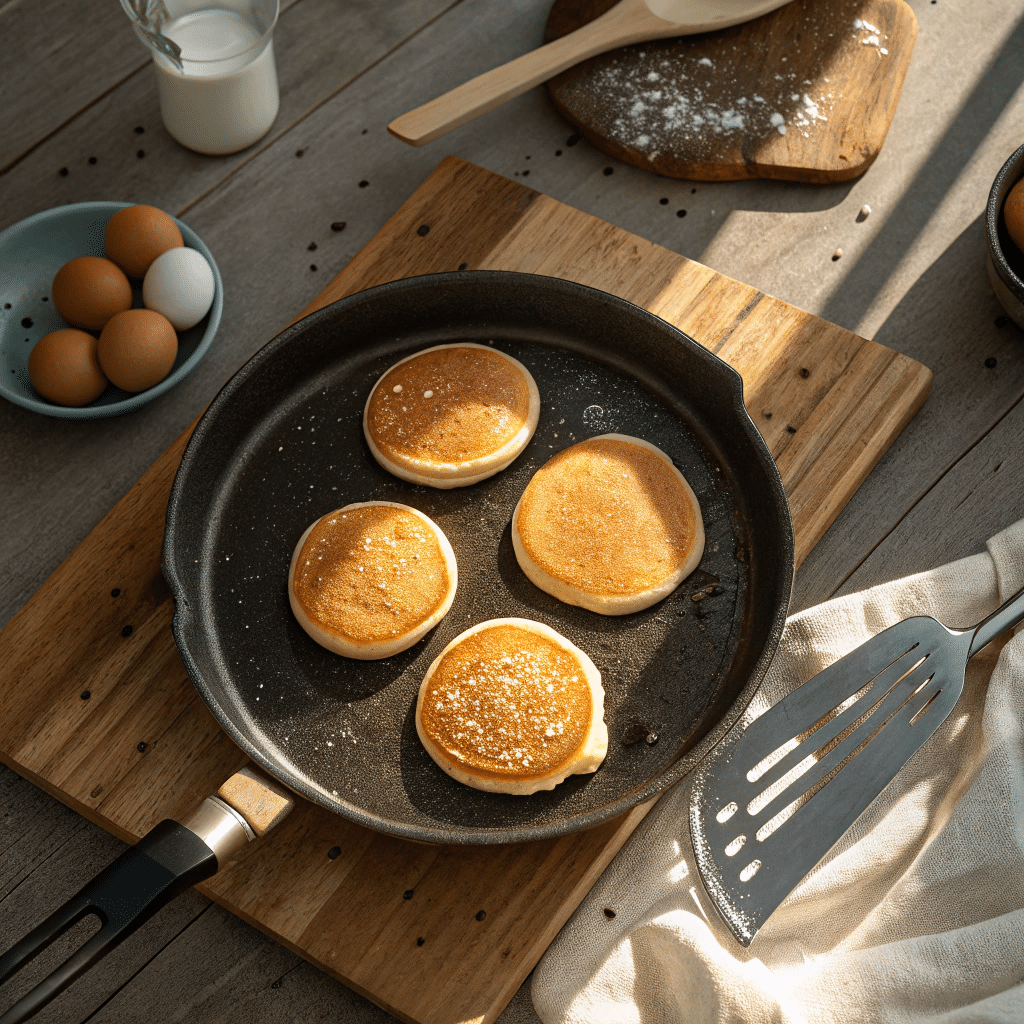 pancakes cooking on a nonstick pan