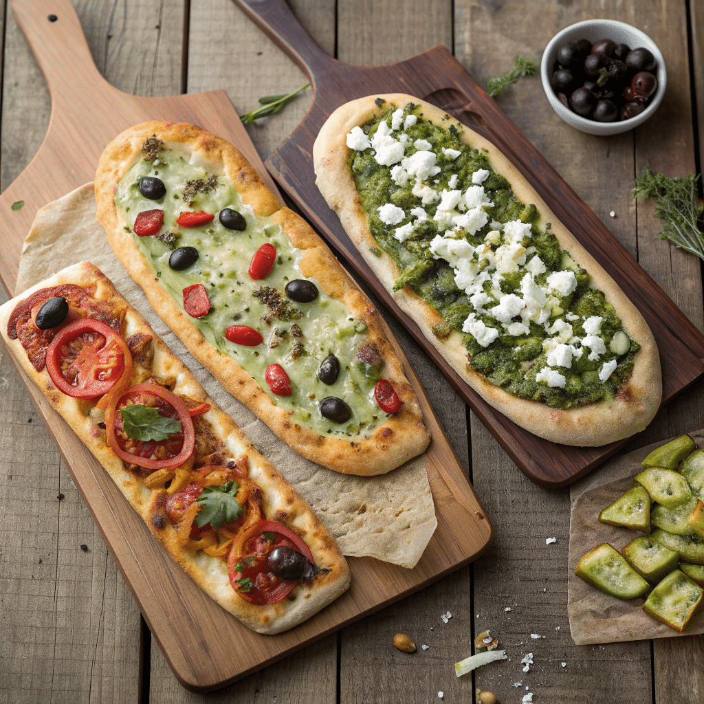 Three different flatbreads displayed side by side