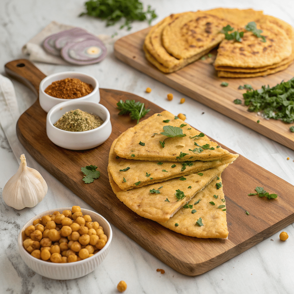 Three different versions of chickpea flatbread
