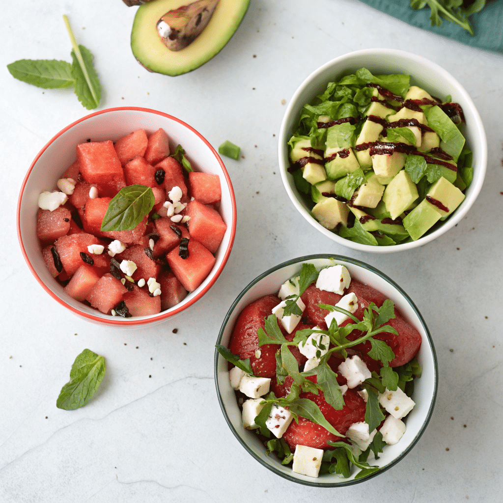 Three mini bowls of different variations of watermelon feta mint salad