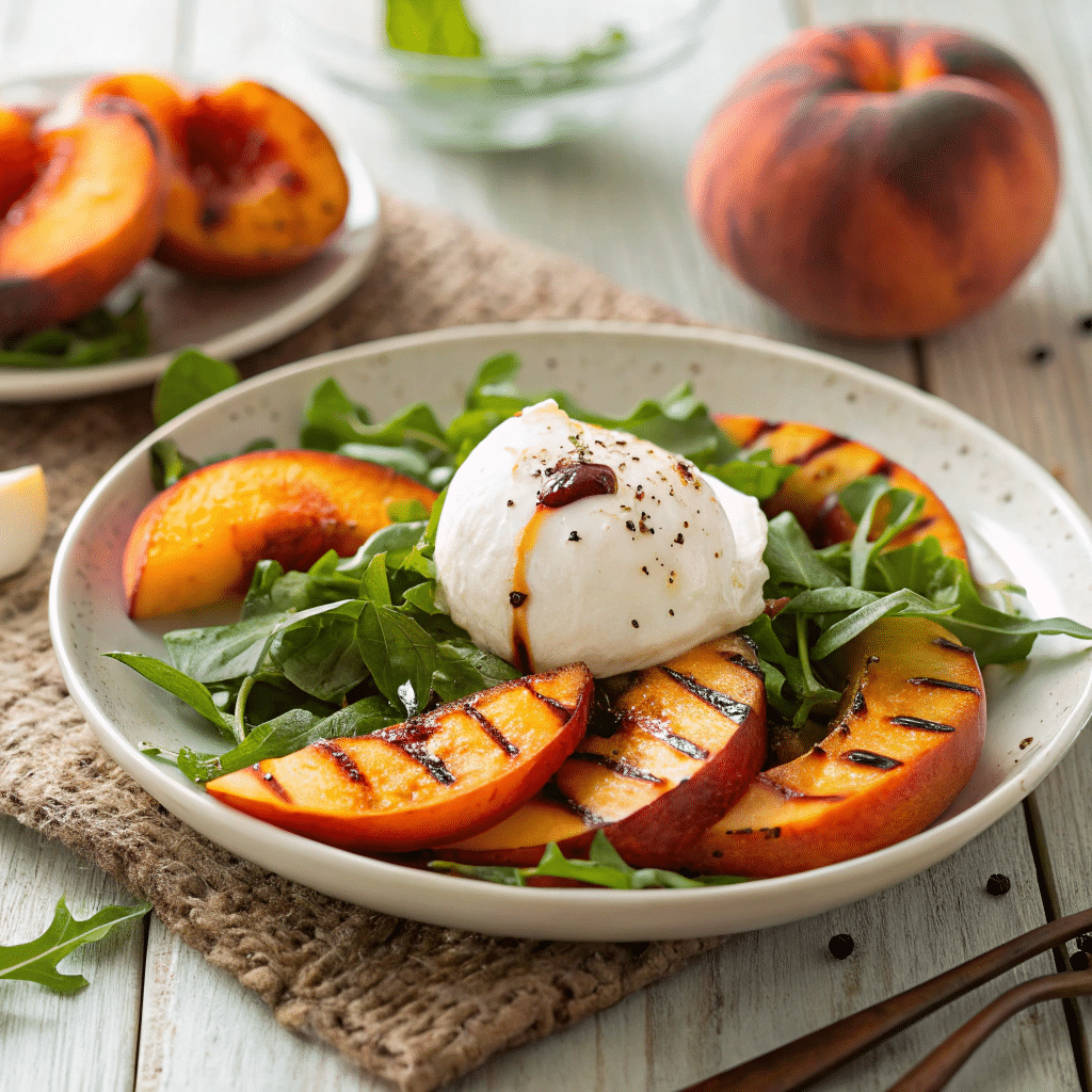 grilled peach and arugula salad with burrata cheese