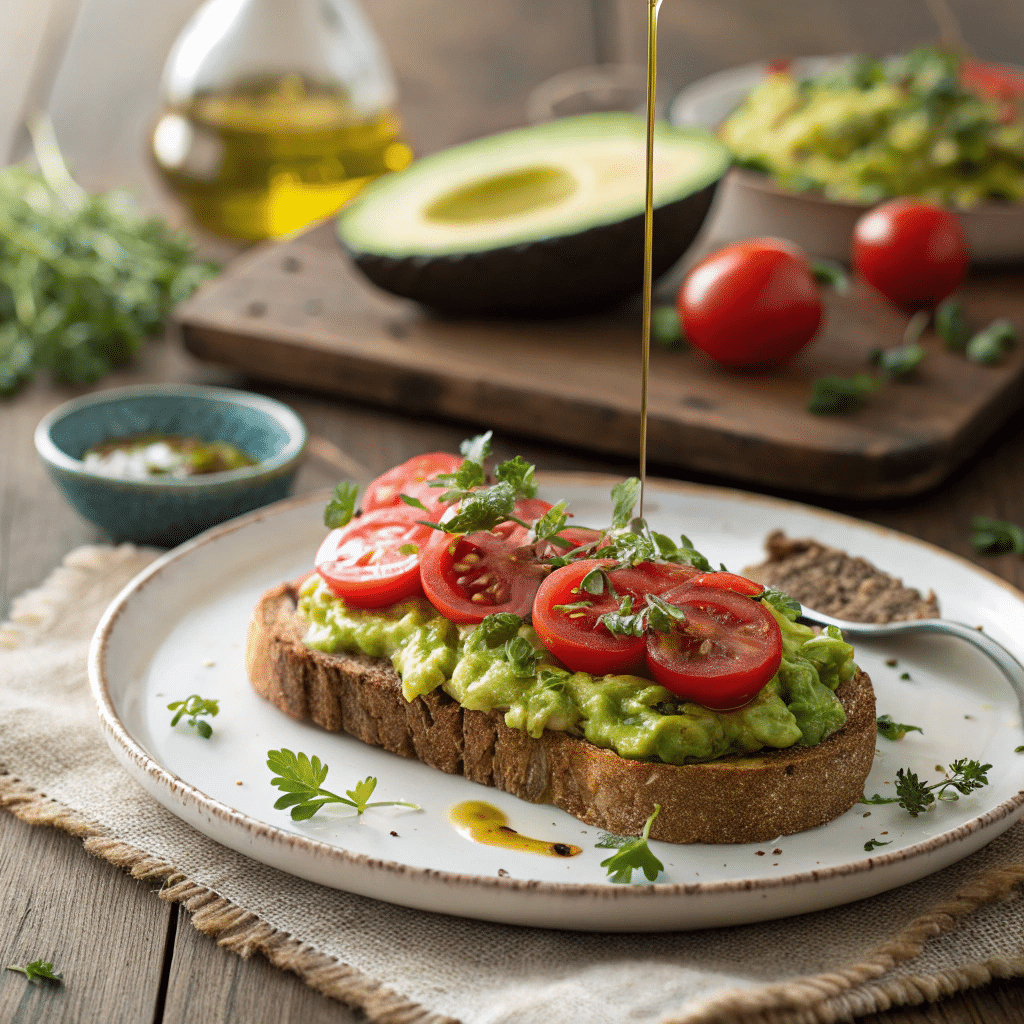 A beautifully plated avocado and tomato rye toast
