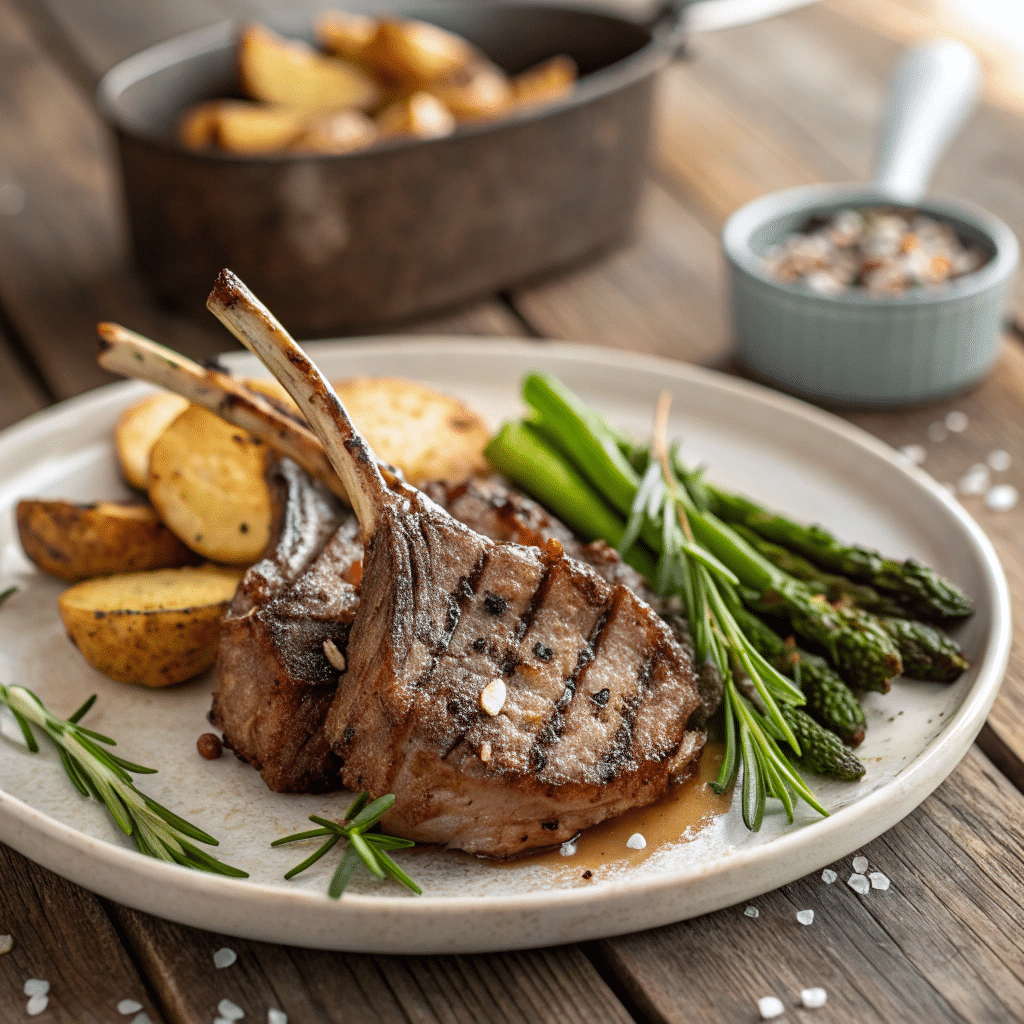 raw lamb chops on a dark cutting board surrounded by fresh rosemary