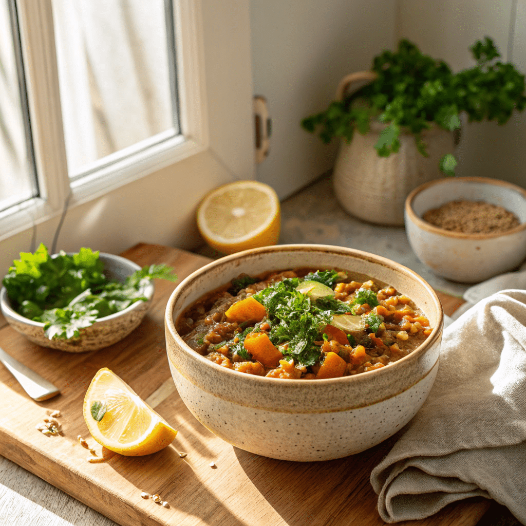 bowl of high-protein lentil quinoa stew