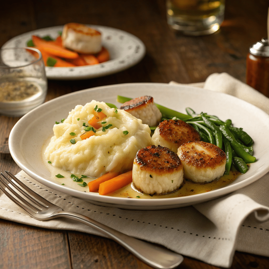 A cozy dinner setting with seared scallops plated alongside creamy mashed potatoes and sautéed vegetables