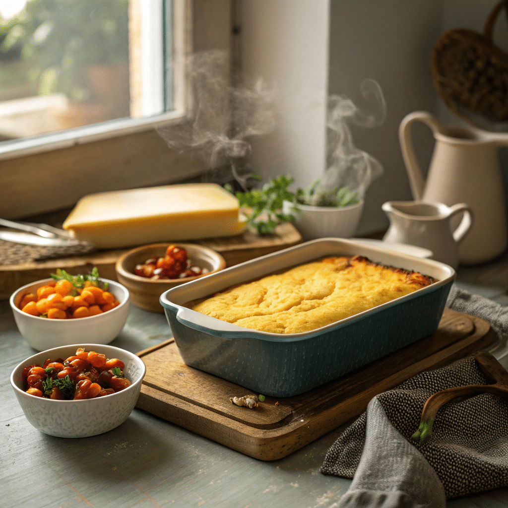 baking dish of golden baked polenta fresh