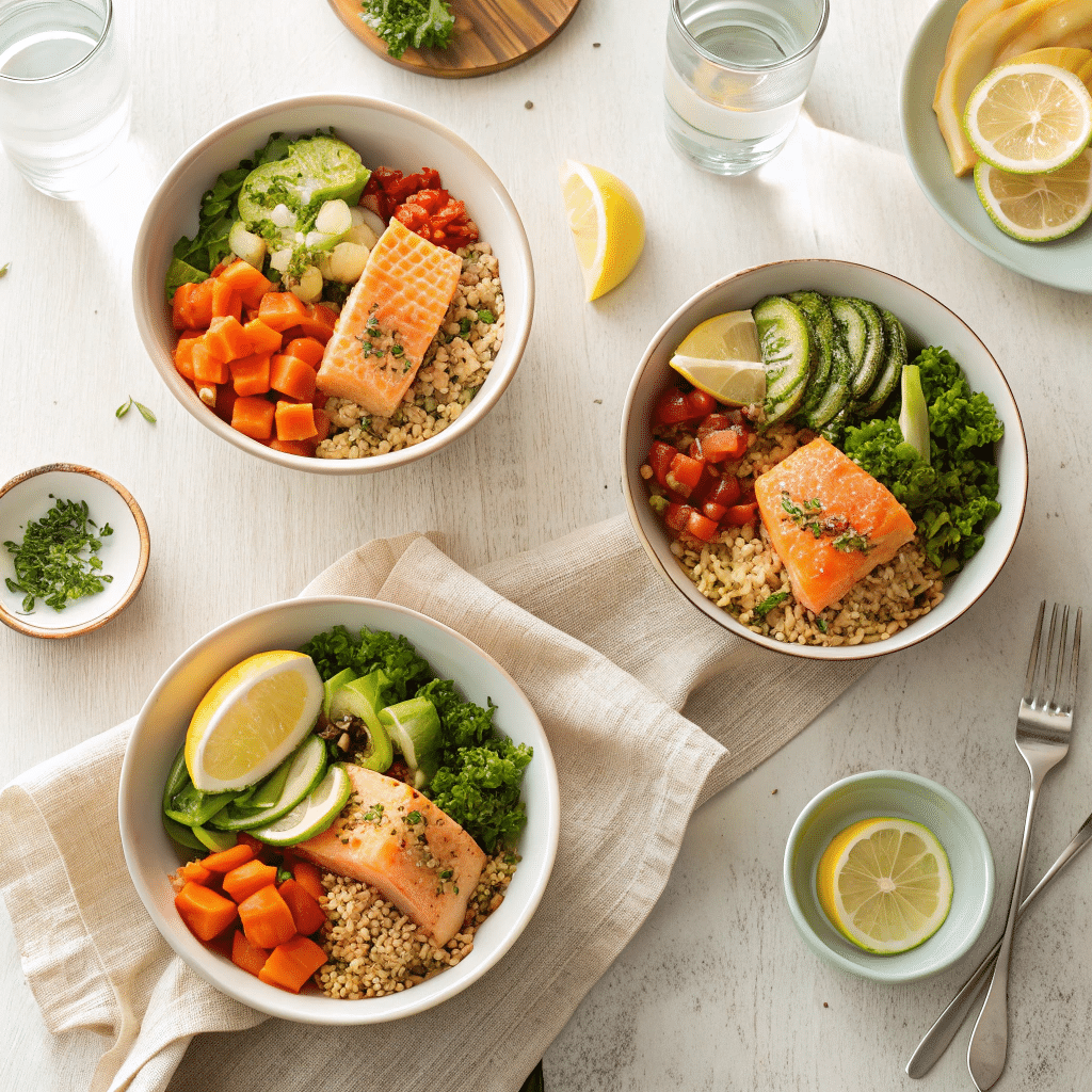 multiple salmon quinoa bowls