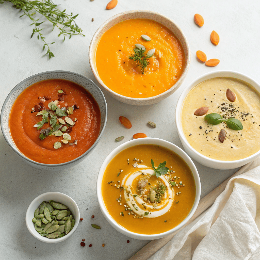 small bowls of different soup variations