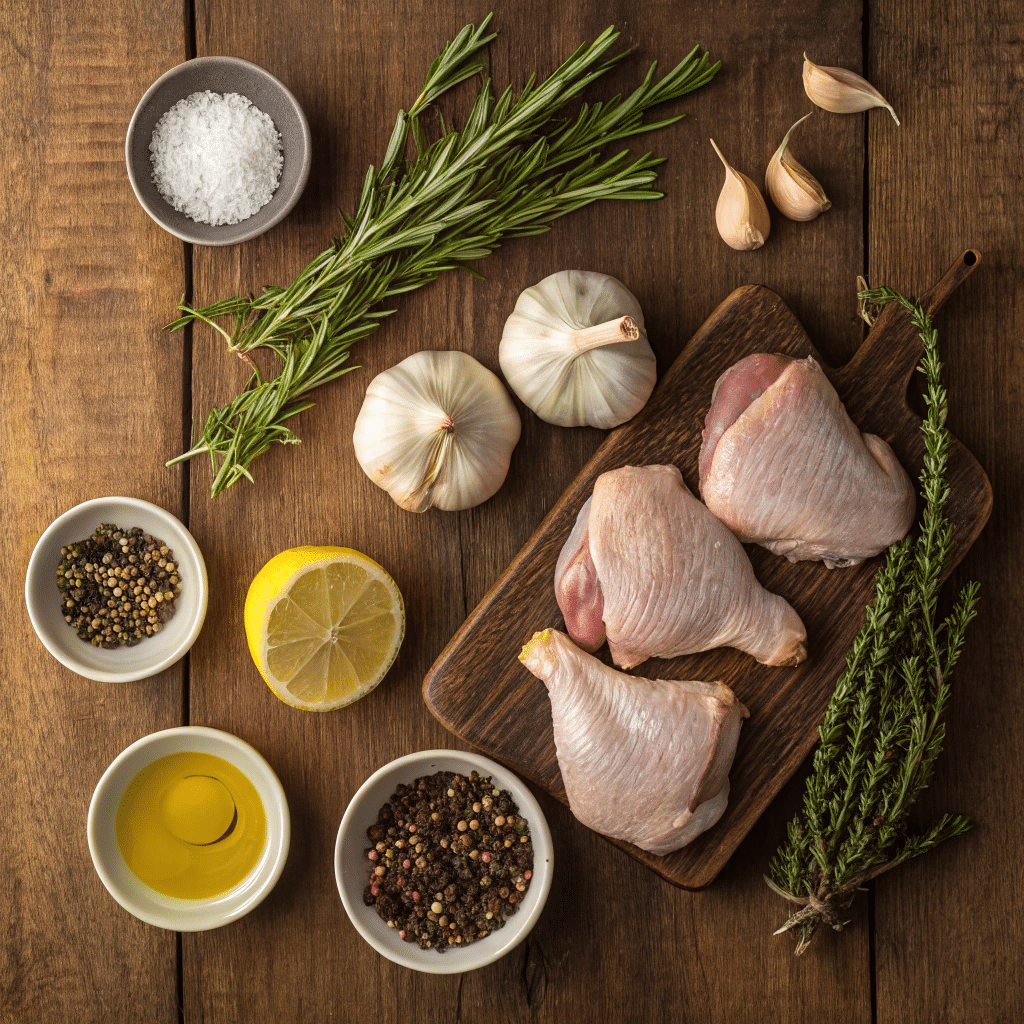 fresh raw ingredients for garlic herb roasted chicken thighs