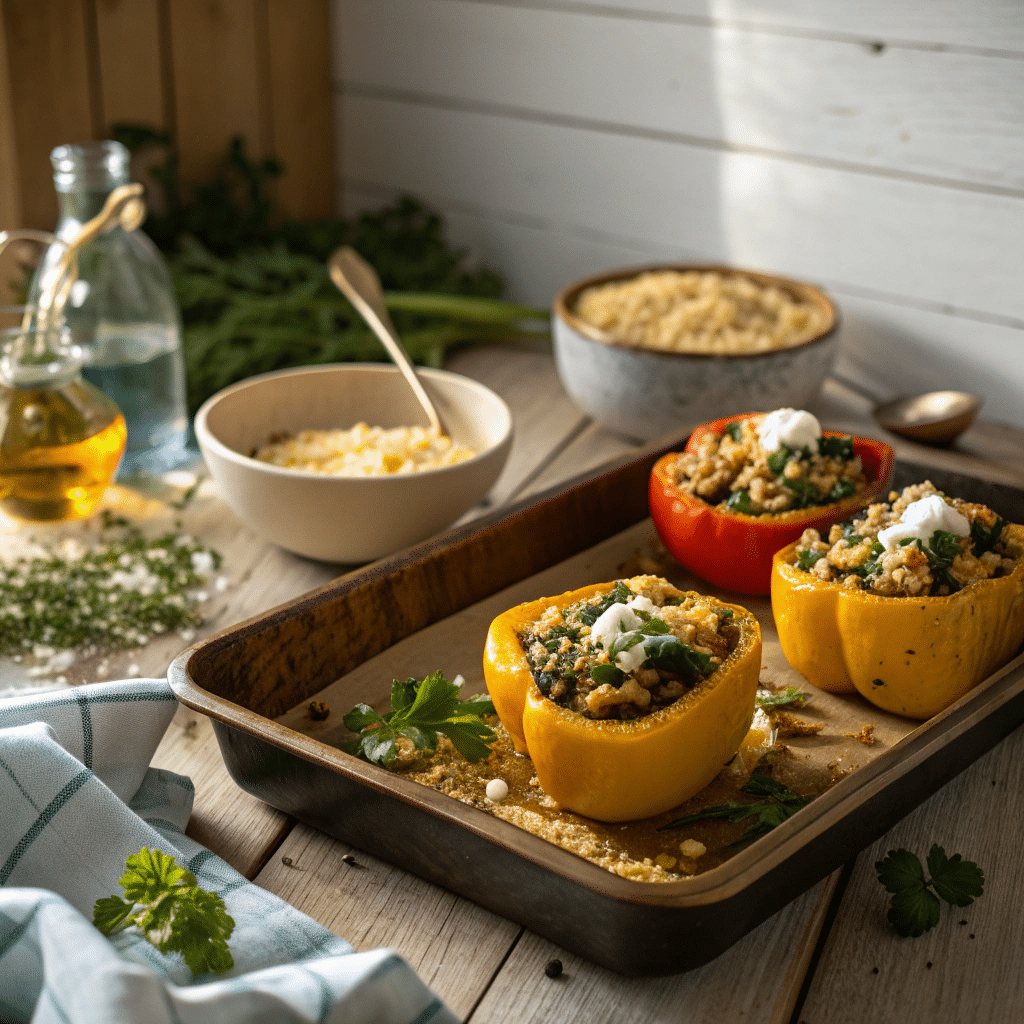 baking tray of quinoa spinach stuffed bell peppers