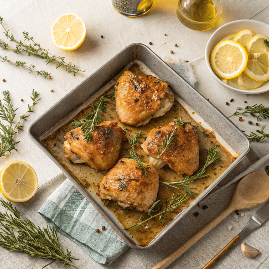 golden crispy garlic herb roasted chicken thighs