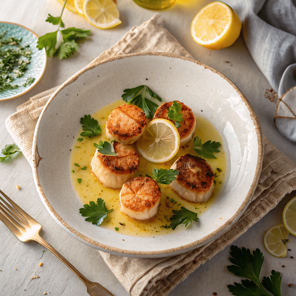 plate of seared scallops with lemon butter sauce