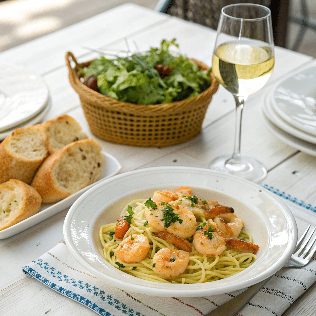 shrimp scampi served alongside a fresh green salad