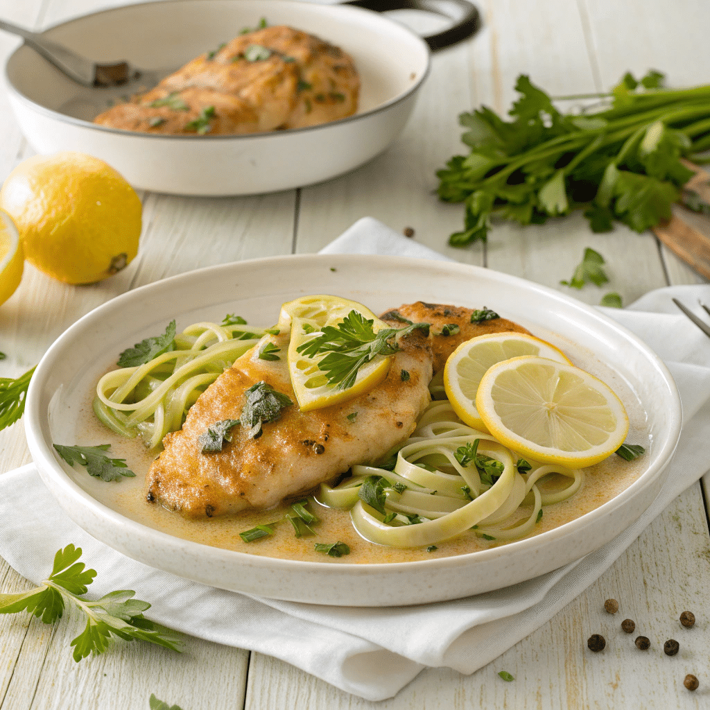 Chicken Piccata with Zucchini Ribbons on a white ceramic plate