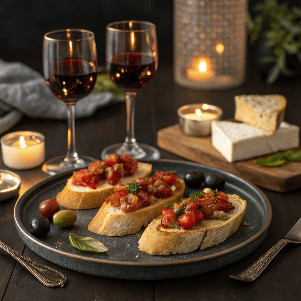Elegant serving platter of bruschetta surrounded by wine glasses