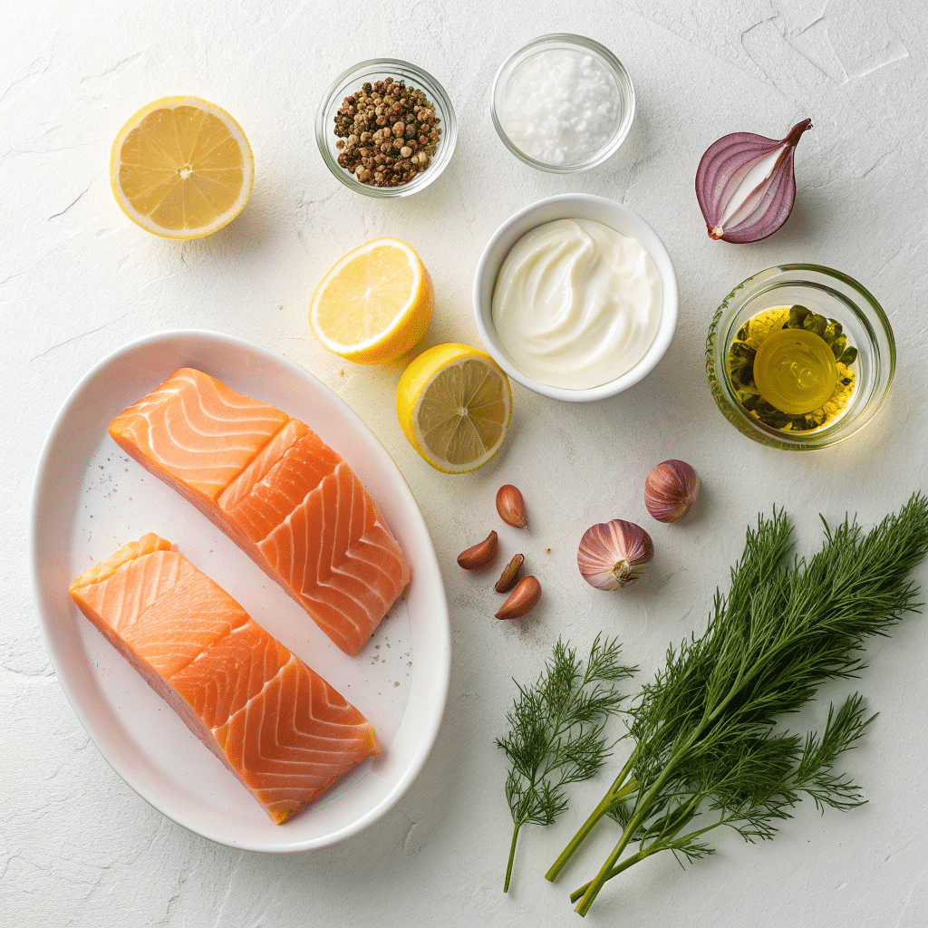 raw salmon fillets, Greek yogurt, lemon, dill, onion, garlic, mustard, olive oil, spices, and bay leaf