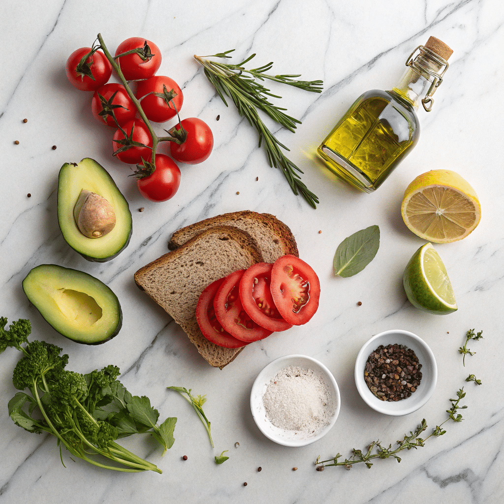 fresh ingredients for avocado and tomato rye toast