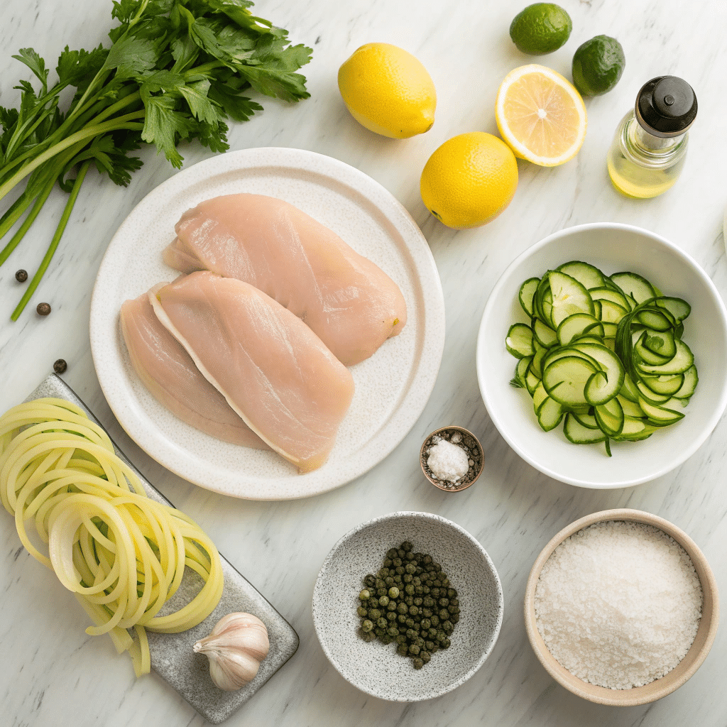 fresh ingredients for chicken piccata with zucchini ribbons