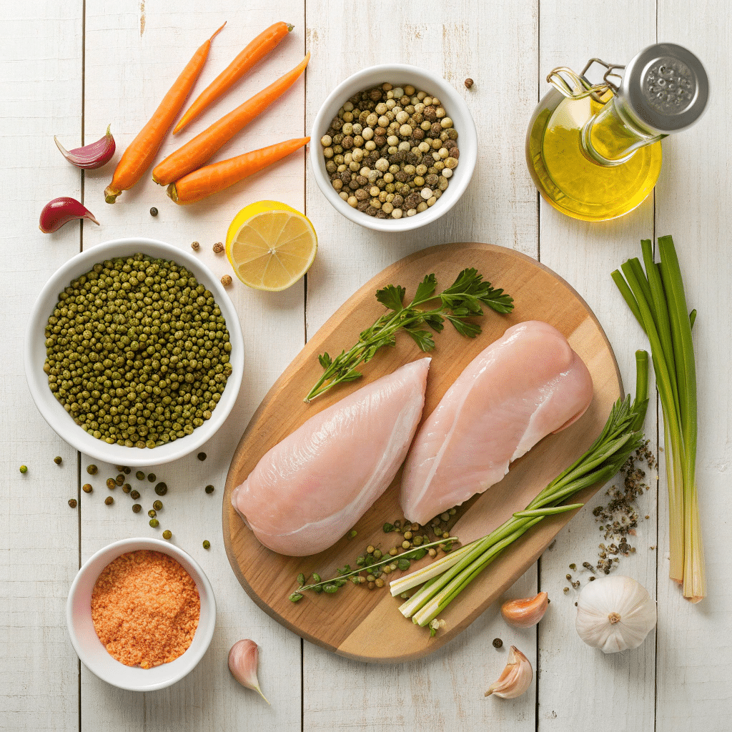fresh ingredients for seared chicken breast with lentils