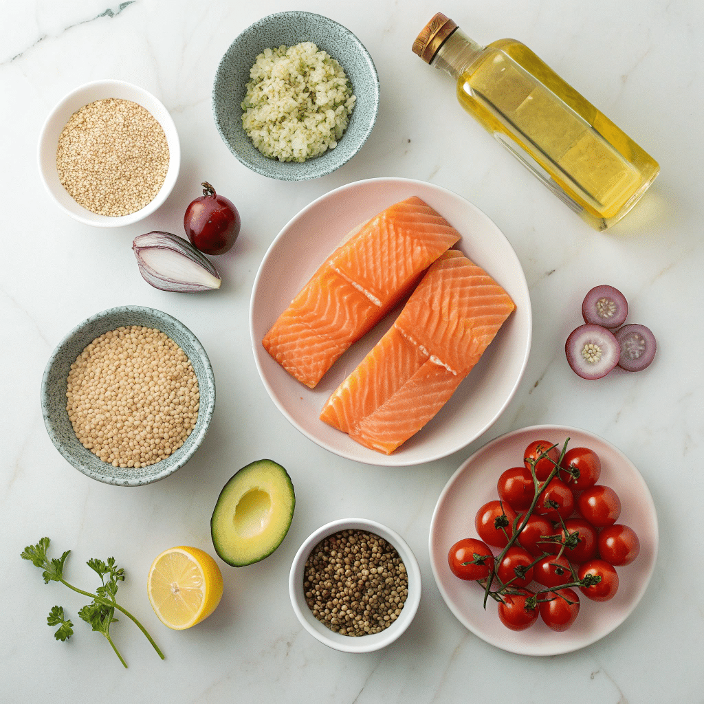 ingredients for a salmon quinoa bowl