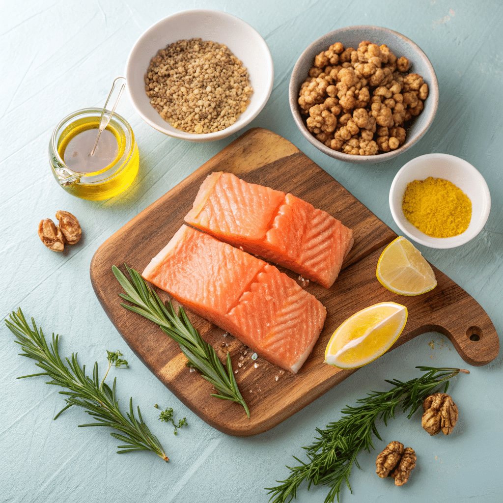 fresh ingredients for baked salmon with walnut crust