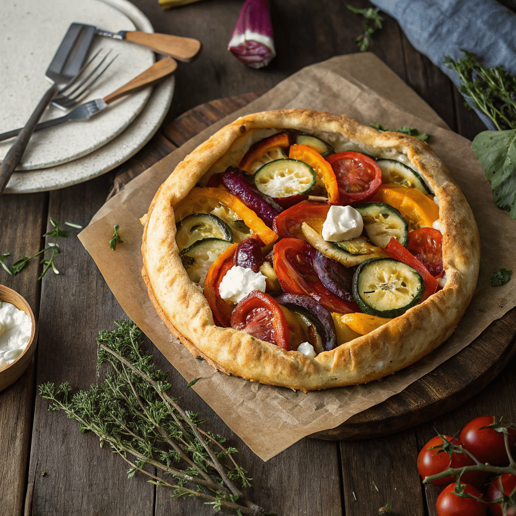 baked roasted veggie goat cheese tart