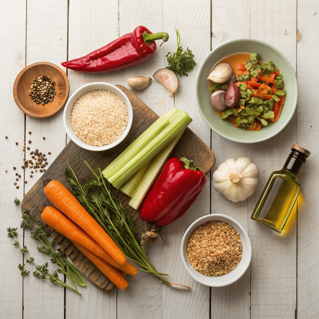 neatly arranged soup ingredients