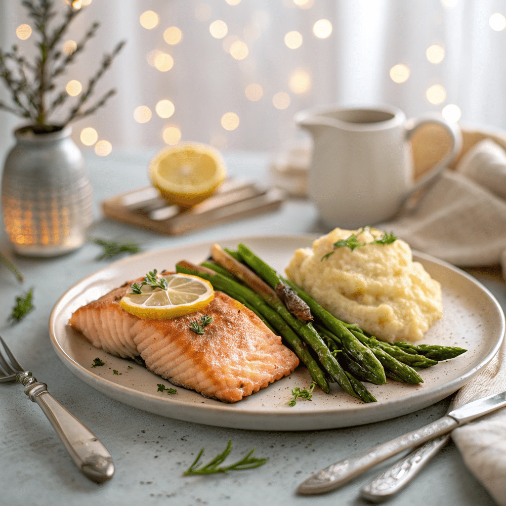 Plated salmon fillet with sides