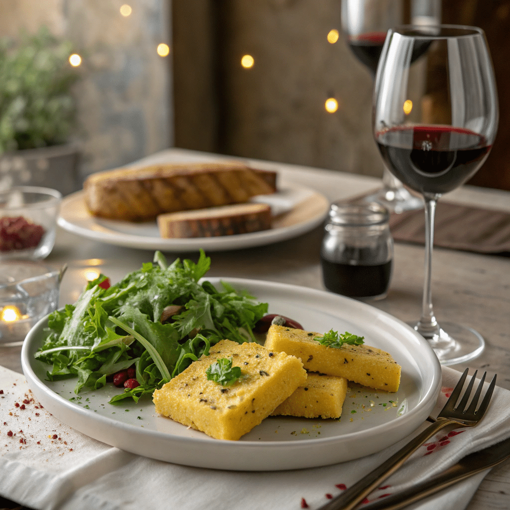 fresh green salad and a glass of red wine