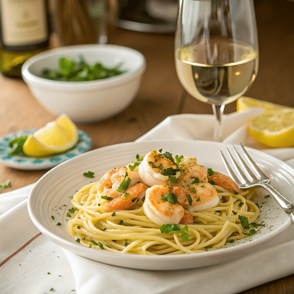 shrimp scampi served over linguine pasta