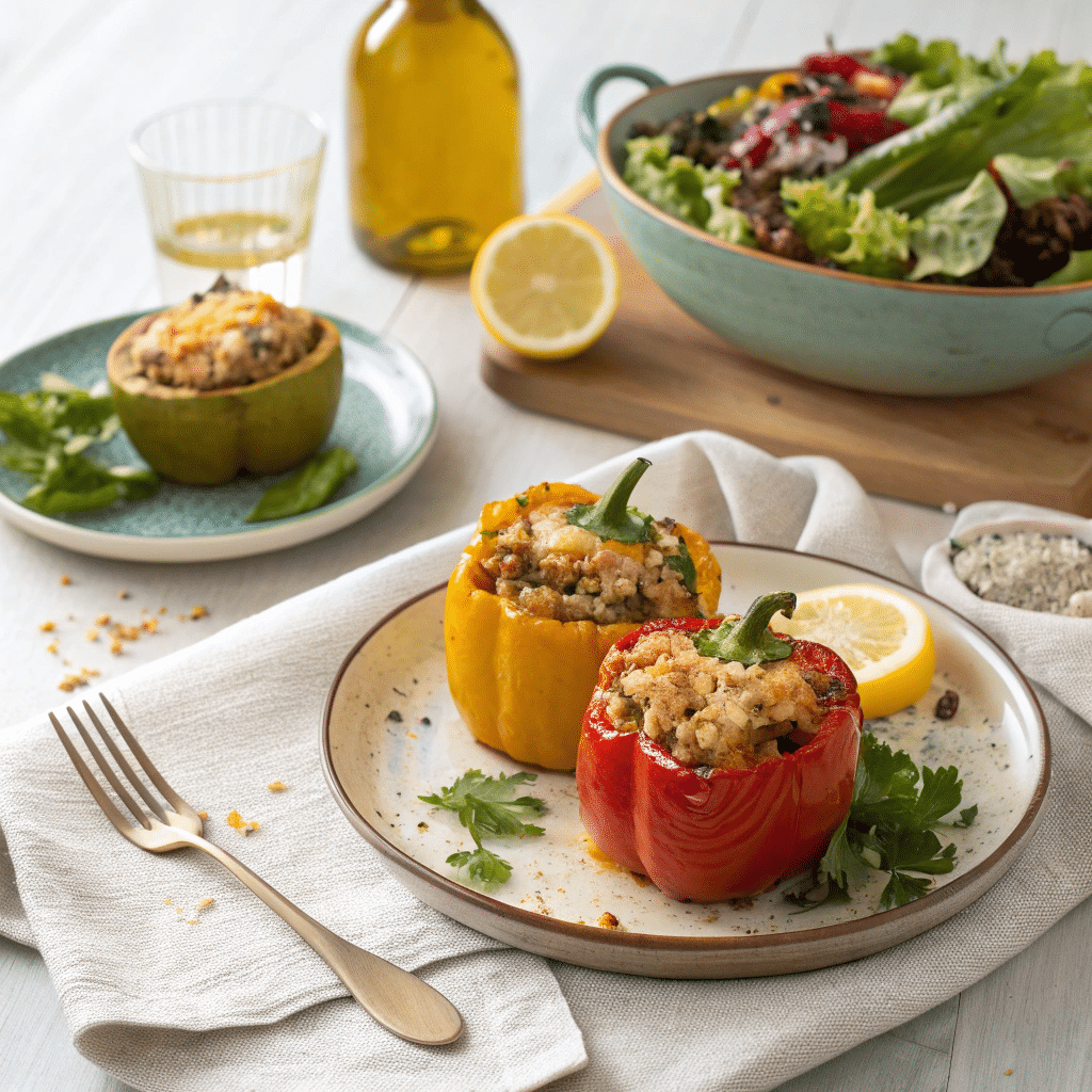 two stuffed peppers served on ceramic plates