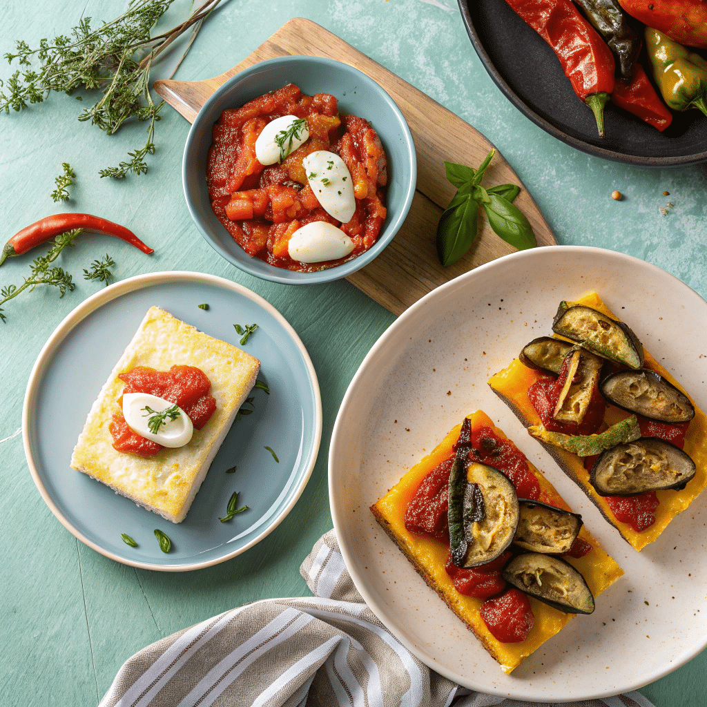 Three different versions of baked polenta slices