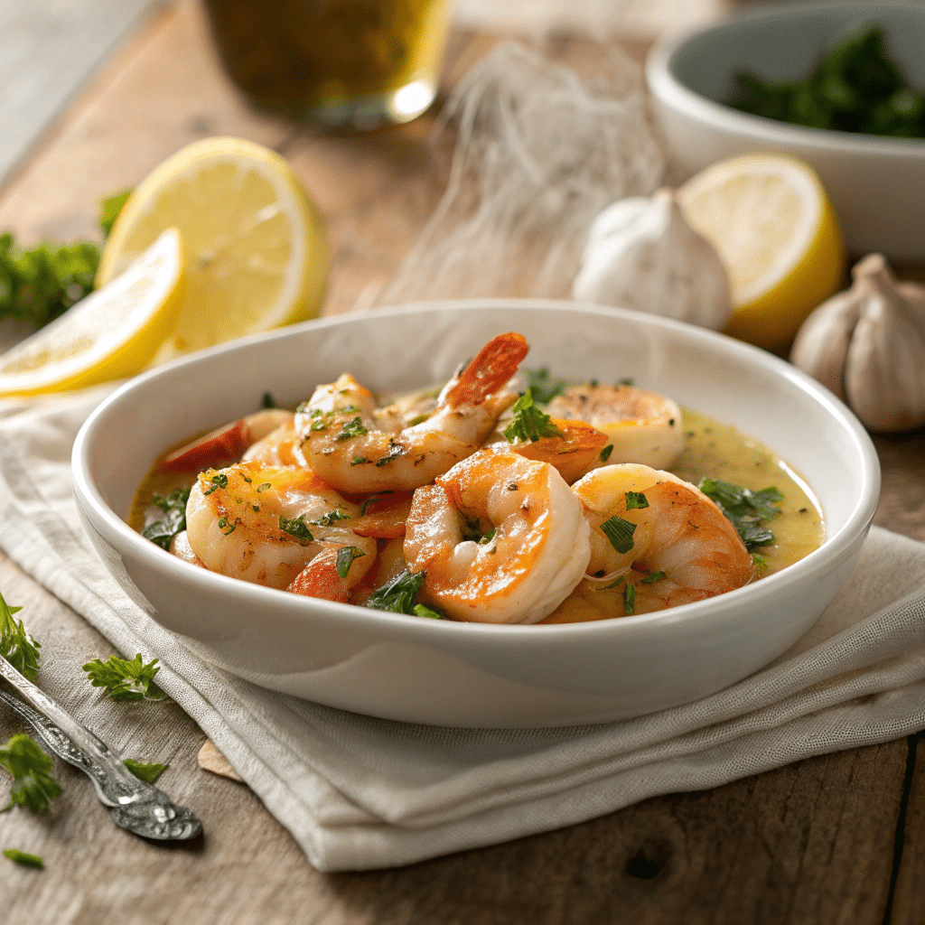 shrimp scampi served