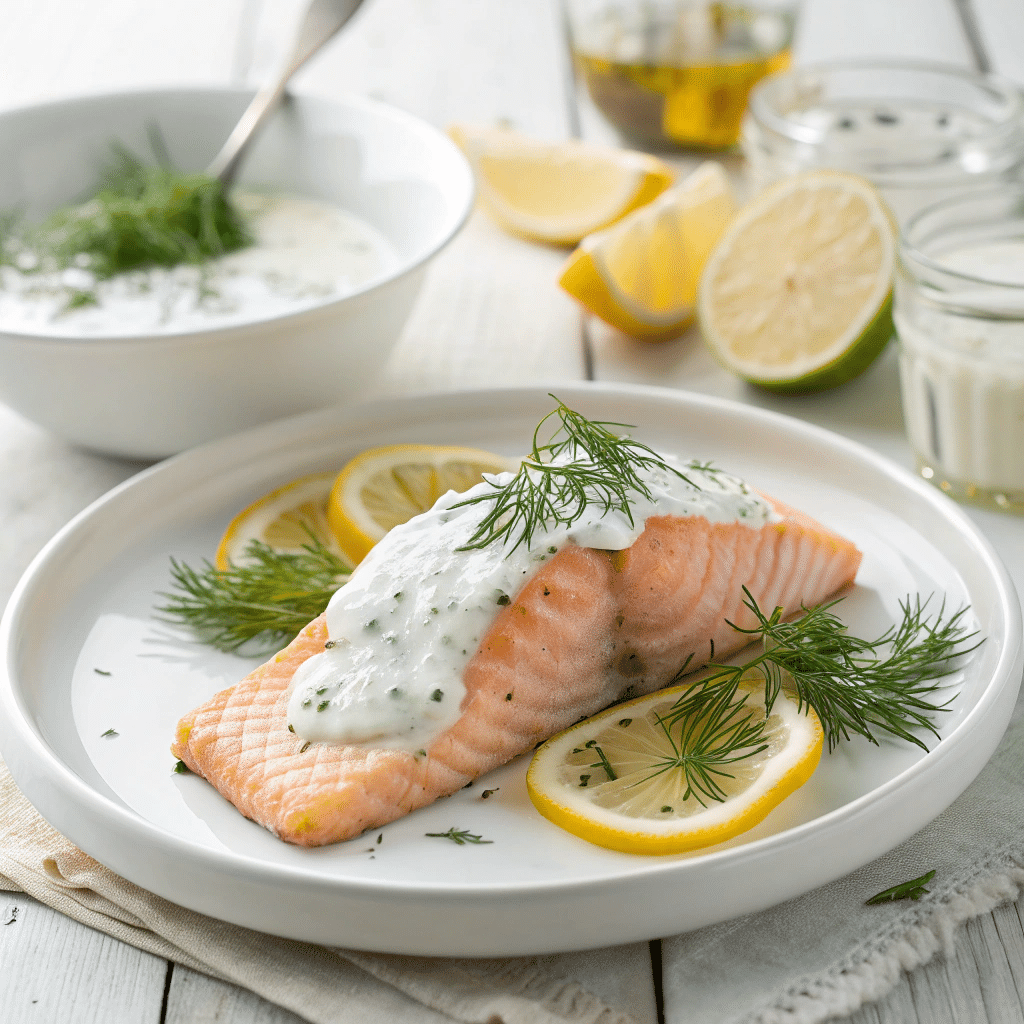 poached salmon with creamy dill yogurt sauce
